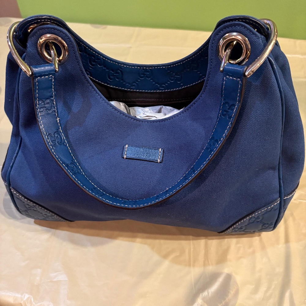 Authentic Pre-owned Gucci Blue Canvas and Leather Small Hobo handbag
